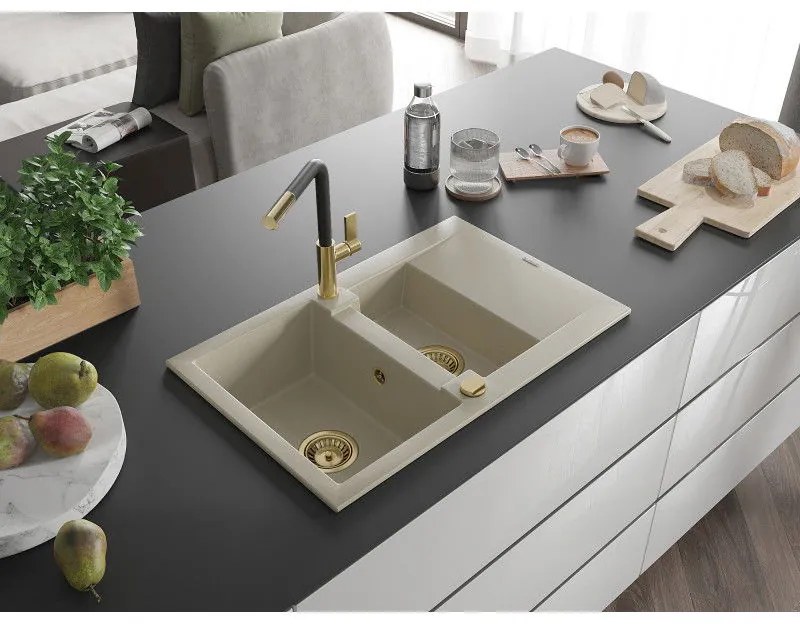 Mexen Gaspar, 1,5-komorový granitový drez 737x475x177 mm a drezová batéria Flora, béžová, 6507-69-670401-57-G