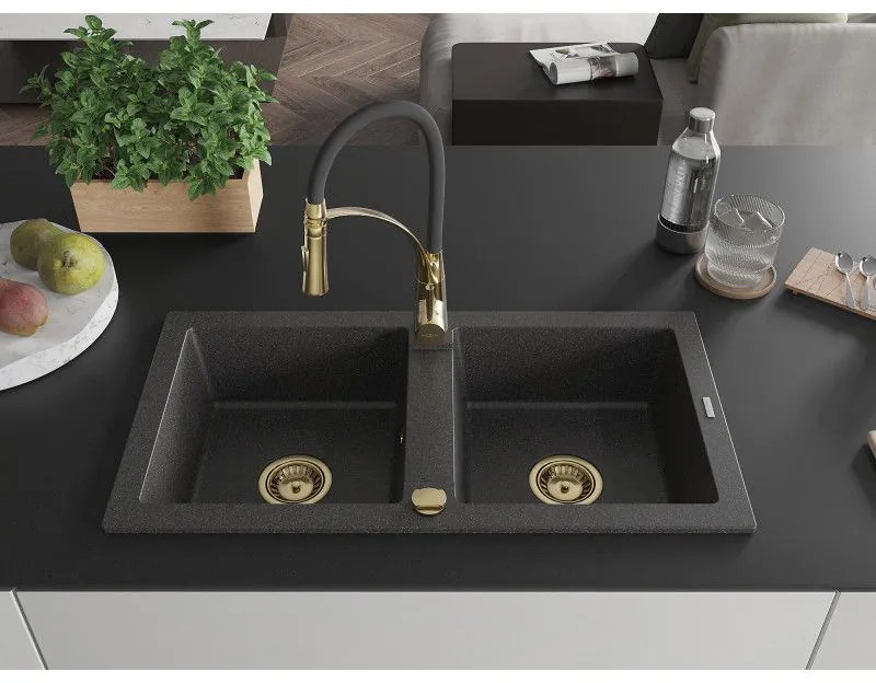 Mexen Mario, granitový drez 820x436x161 mm, 2-komorový a drezová batéria Aster, čierna škvrnitá, 6504-76-73450-57-G