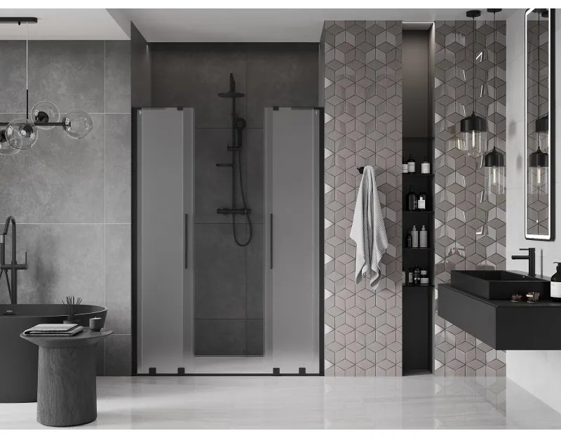 Mexen Velar L Duo, posuvné sprchové dvere do otvoru 160 cm, 8mm sklo námraza, čierna matná, 871-160-003-32-70