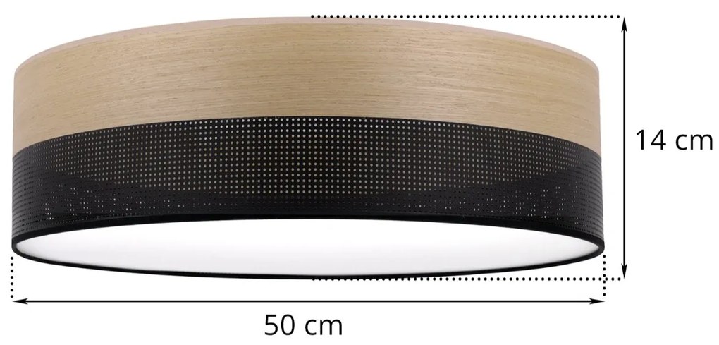 Stropné svietidlo Wood, 1x dýha zlatý dub/čierne PVC tienidlo, (biele plexisklo), (fi 50cm)