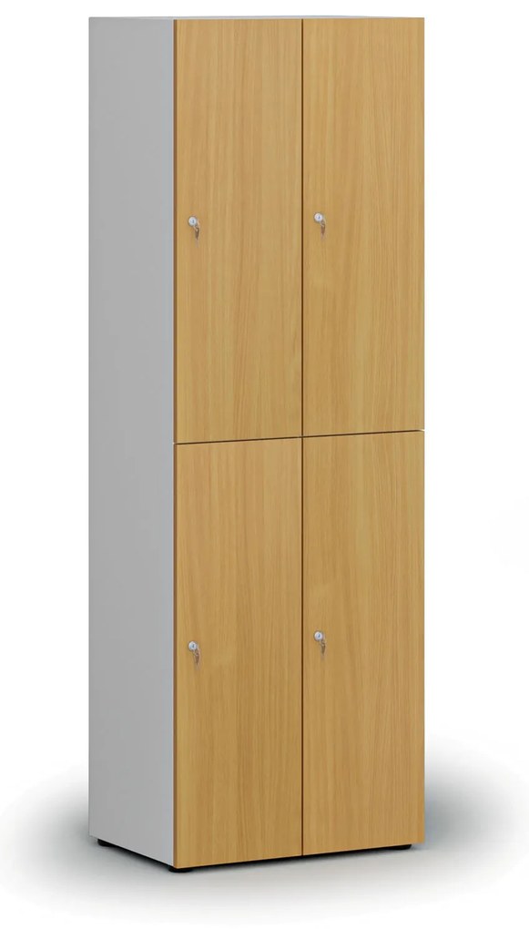 Drevená šatníková skrinka s úložnými boxmi, 4 boxy, cylindrický zámok, sivá/buk