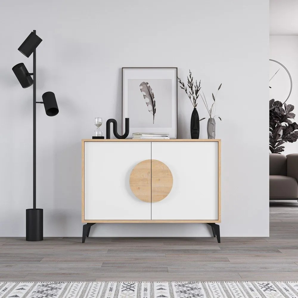 Nízka komoda v dekore duba v bielo-prírodnej farbe 110x82 cm Vae – Marckeric
