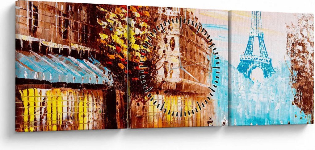 Obraz - Daždivého počasia a Eiffelovej veže (s hodinami) (90x30 cm)