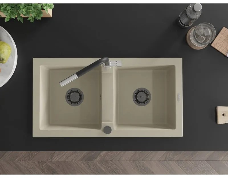 Mexen Mario, 2-komorový granitový drez 820x436x161 mm a drezová batéria Flora, béžová, 6504-69-670401-07-B