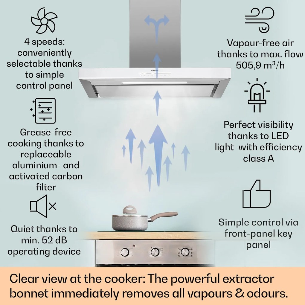 Klarstein Alinea 90 Smart, digestor, 90 cm, nástenný, WiFi, A++, 500 m³/h, dotykový displej