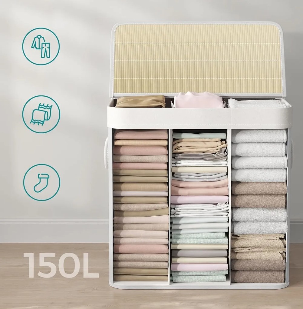 SongmicsHome Bambusový kôš na bielizeň GITA, 150 l, biela