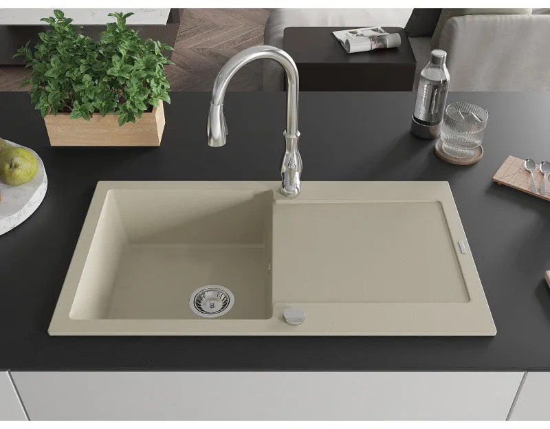 Mexen Leo, 1-komorový granitový drez 900x500x190 mm a drezová batéria Savita, béžová, 6501-69-672601-00