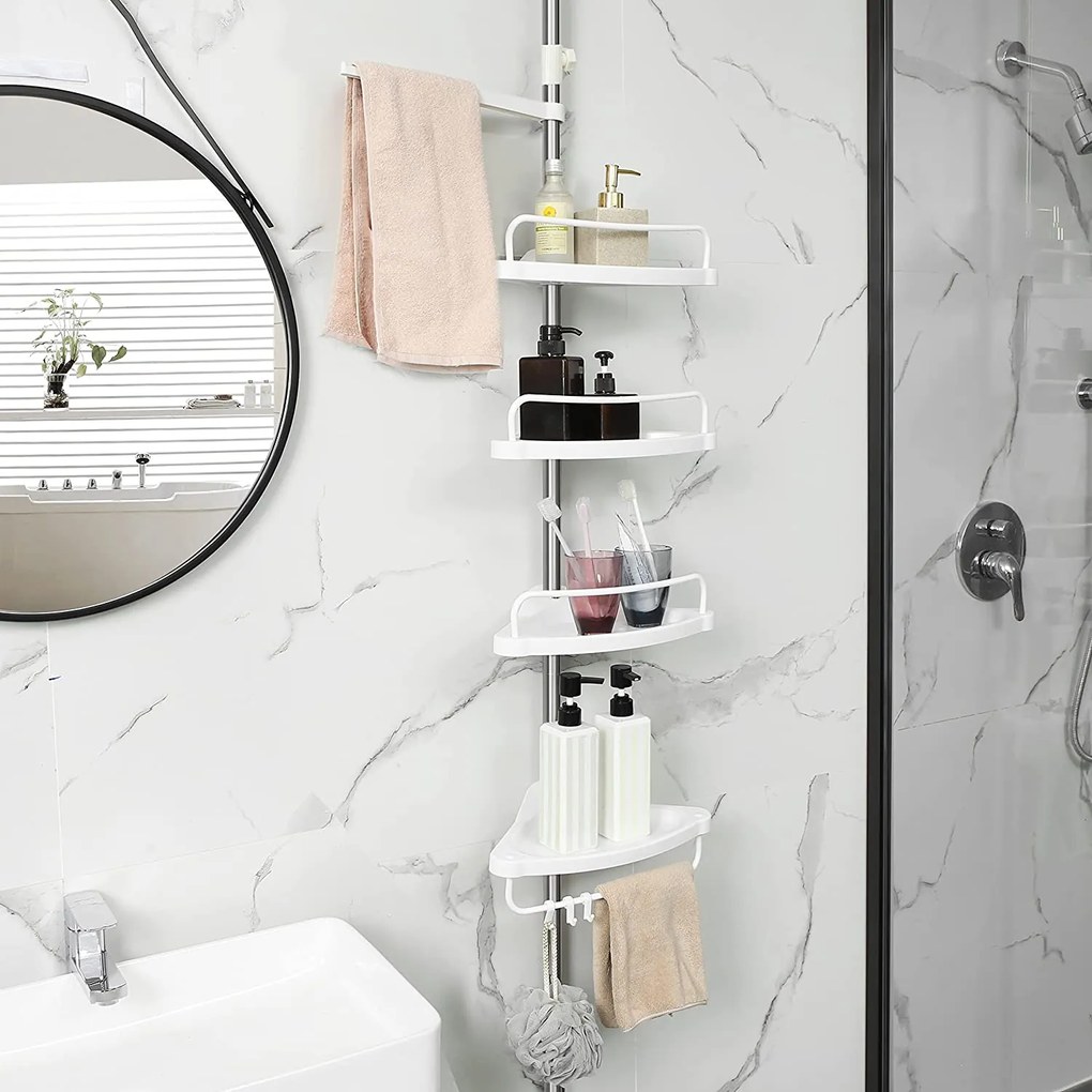 Nastaviteľná kúpeľňová rohová polica, teleskopická sprchová polica, 95-300 cm, biela