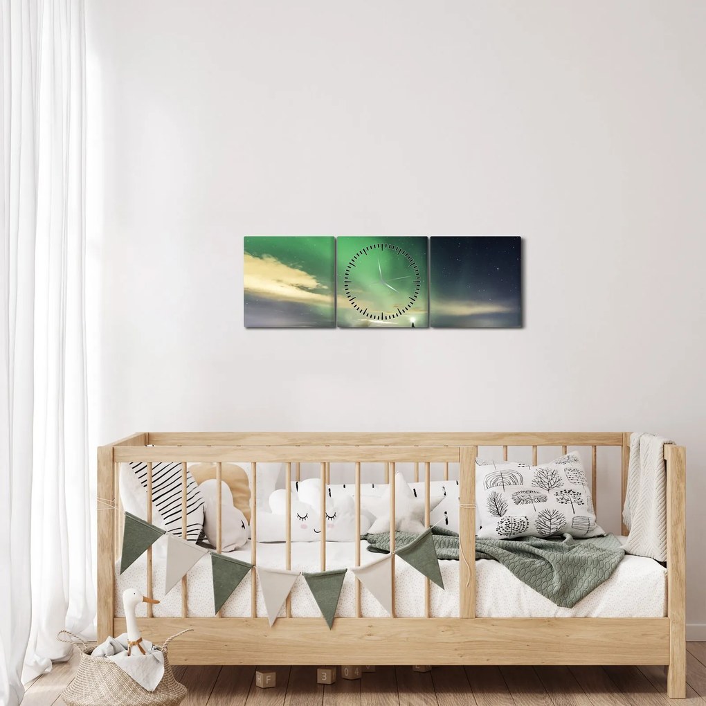 Obraz polárna žiara (s hodinami) (90x30 cm)