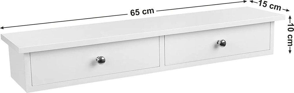 Nástenná plávajúca polica s 2 zásuvkami, lesklý povrch, biela