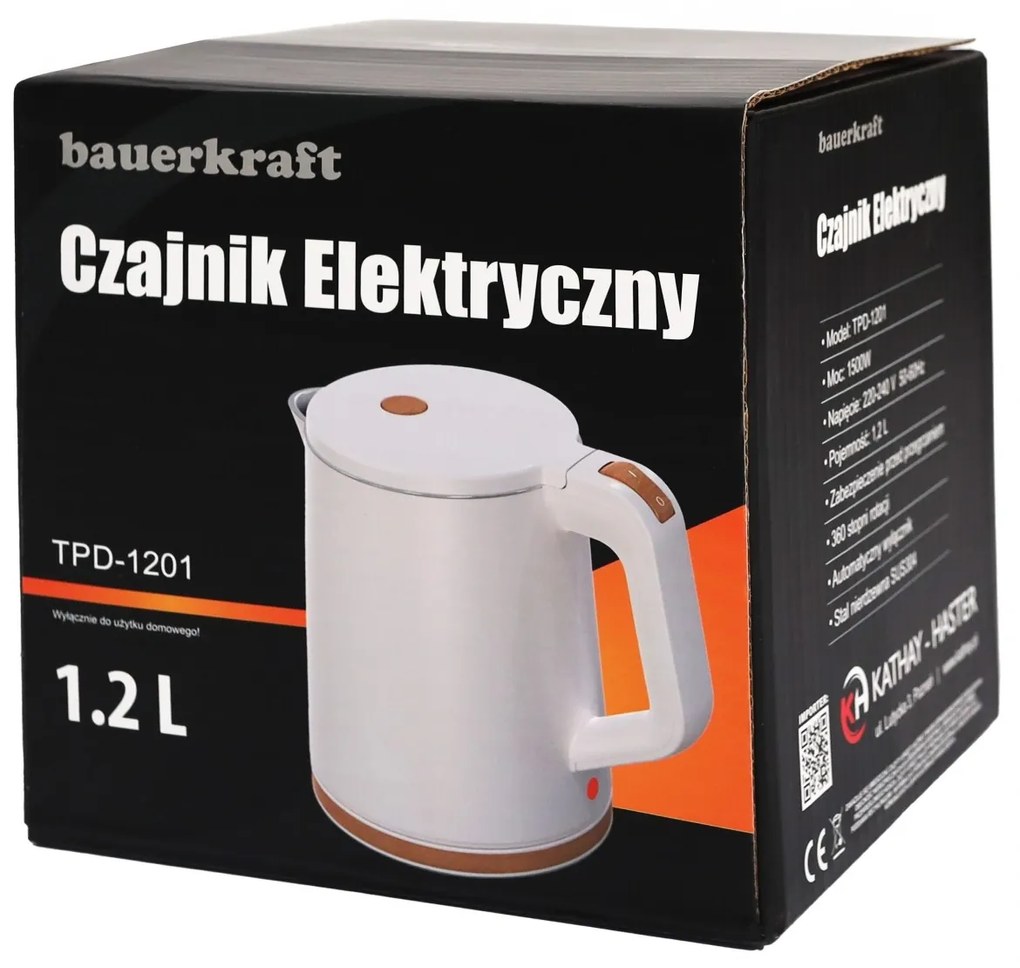 Bauerkraft Bezdrôtová cestovná rýchlovarná kanvica 1500 W 1,2 l otočná biela