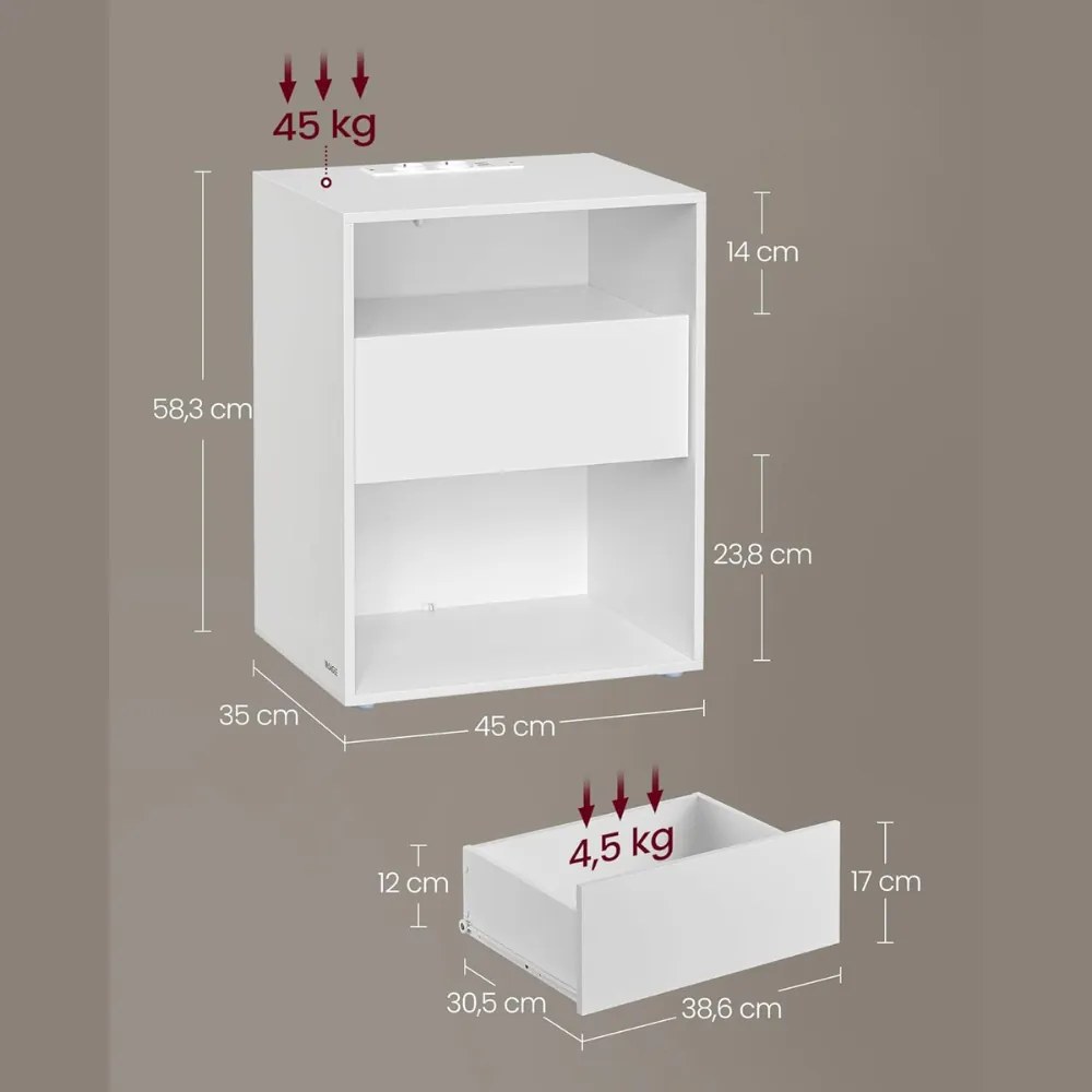 Nočný stolík s funkciou nabíjania LUCIANO, 35x45x58,3cm, biela Vasagle