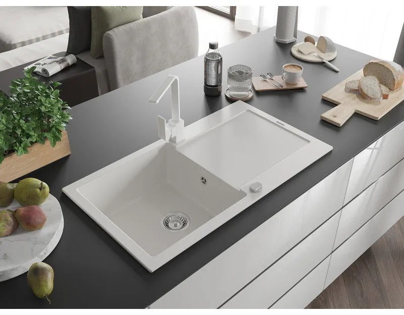 Mexen Leo, drez granitový 900x500x190 mm, 1-komorový, biely s chrómovým sifónom a biela drezová batéria Rita, 6501-20-670300-20