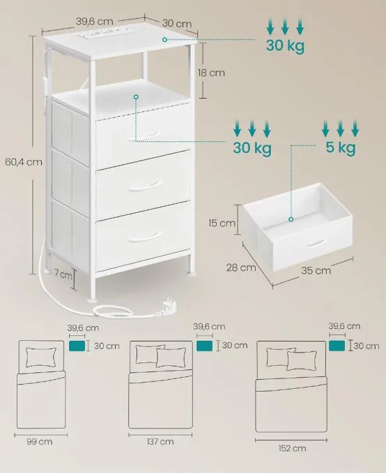 Sada 2 nočných stolíkov s LED osvetlením a nabíjacou stanicou LGSB35203W102