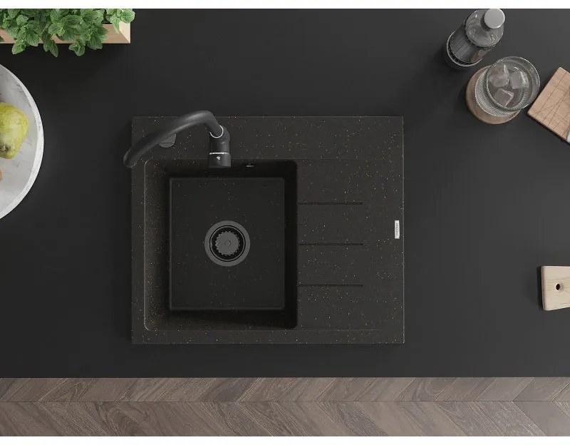 Mexen Ben, 1-komorový granitový drez 600x500x190 mm, ľavý + čierny sifón, čierna-zlatá metalíza, 6522605000-75-B