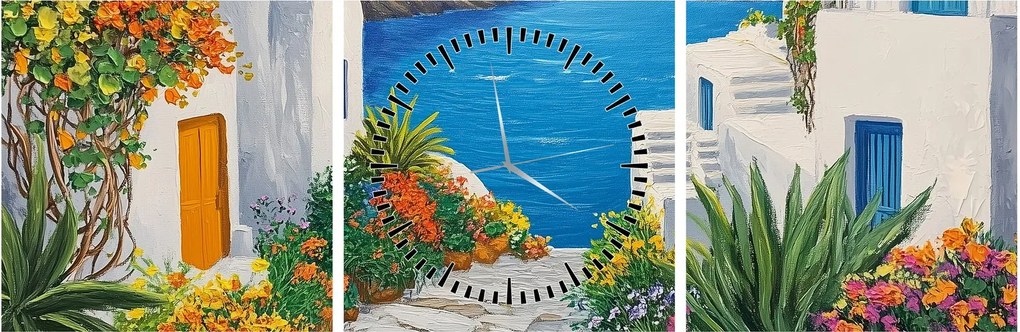 Obraz - Grécka ulička (s hodinami) (90x30 cm)