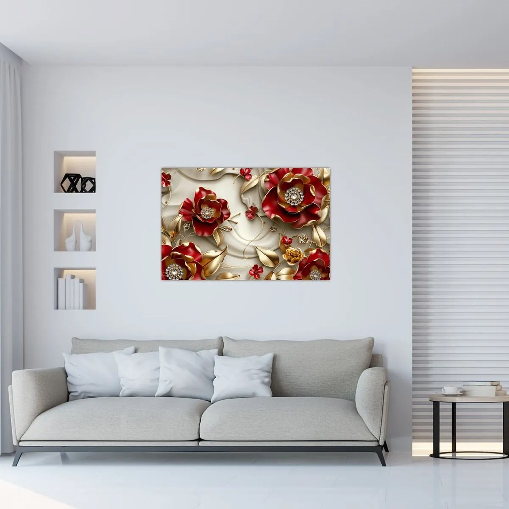 Obraz - 3D Červeno-zlaté kvety (90x60 cm)