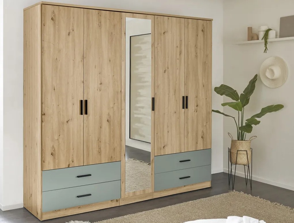 Šatníková skriňa so zrkadlom Savina 225 cm, dub artisan/šalviová