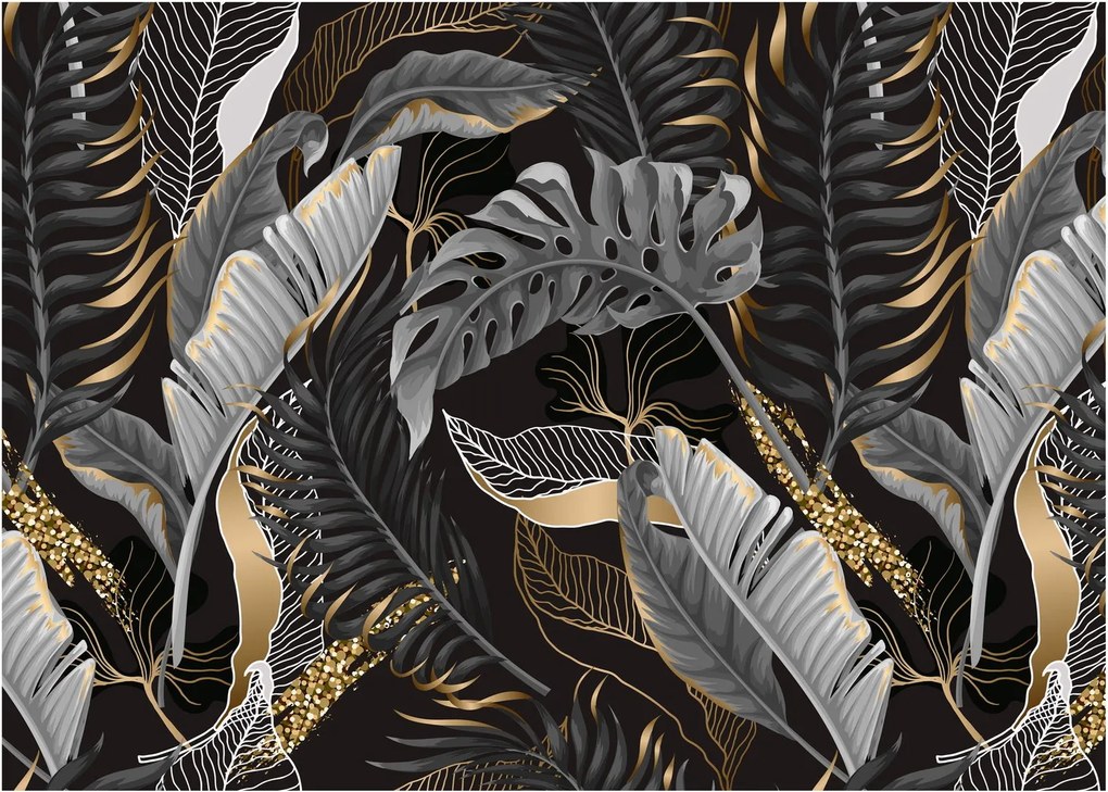 Sklenený obraz - Tropické listy v čierno-zlatej (70x50 cm)