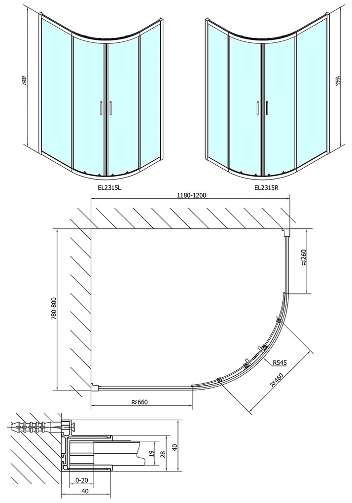 Polysan, EASY LINE štvrťkruhová sprchová zástena 1200x800mm, L/R, číre sklo, EL2315