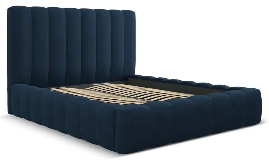 Tmavomodrá čalúnená dvojlôžková posteľ s úložným priestorom a roštom 180x200 cm Kelp – Micadoni Home