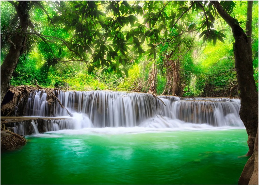 Sklenený obraz vodopádu v Kanchanaburi, Thajsko (70x50 cm)