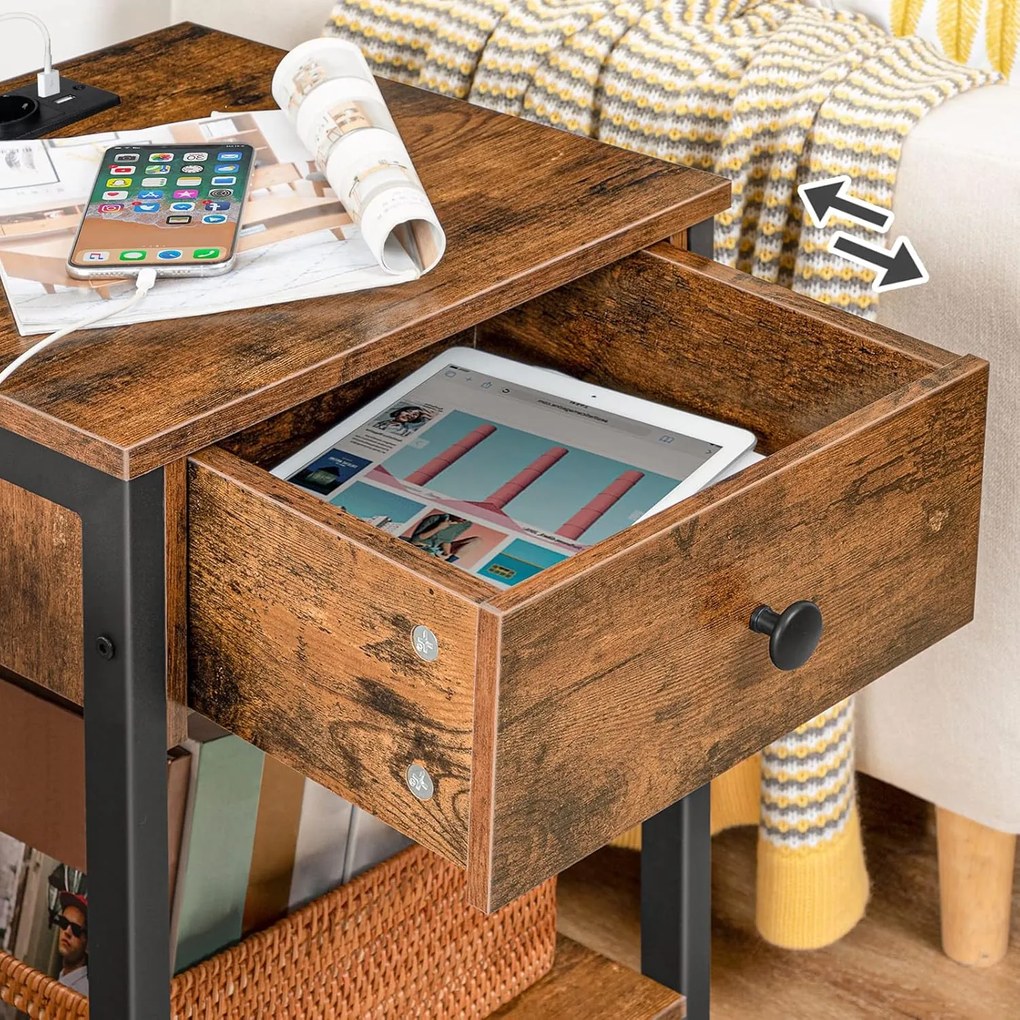 Noční stolek Vasagle Ferira 40 cm s nabíjecí stanicí černý/hnědý