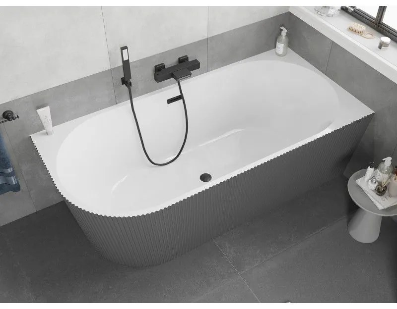 Mexen Silo, rohová voľne stojaca ryhovaná vaňa, pravá, 150 x 75 cm, biela-šedá, čierny matný prepad, 52891507562P-70