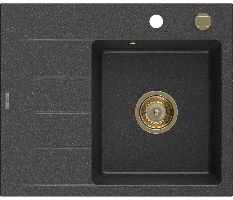 Mexen Ben, 1-komorový granitový drez 600x500x190 mm, pravý + zlatý sifón, čierna škvrnitá, 6523605000-76-G