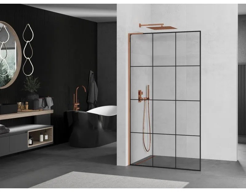 Mexen Kioto L, sprchová zástena Walk-In 120 x 200 cm, 8mm číre sklo čierny vzor, ružové zlato profil, 800-120-103-60-77