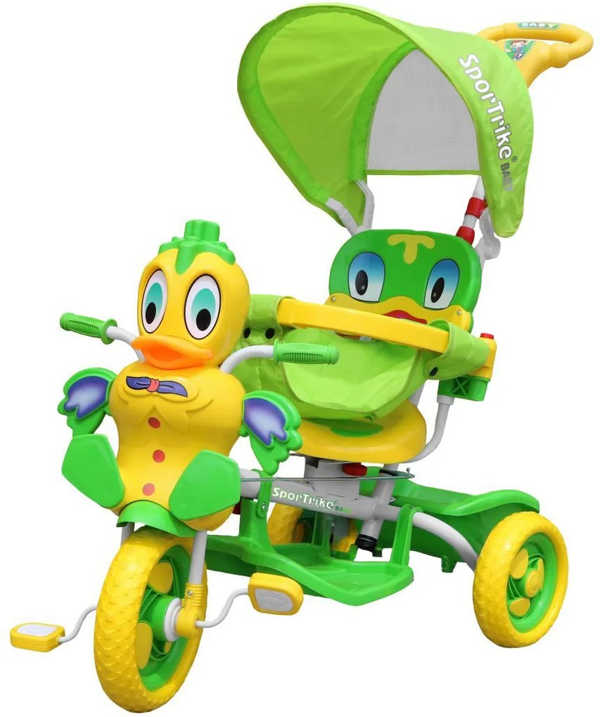 Ramiz Detský trojkolesový bicykel Duck Bike Zelená + zvuky + strieška + zábrana + opierka na nohy + riadidlá + úložný priestor