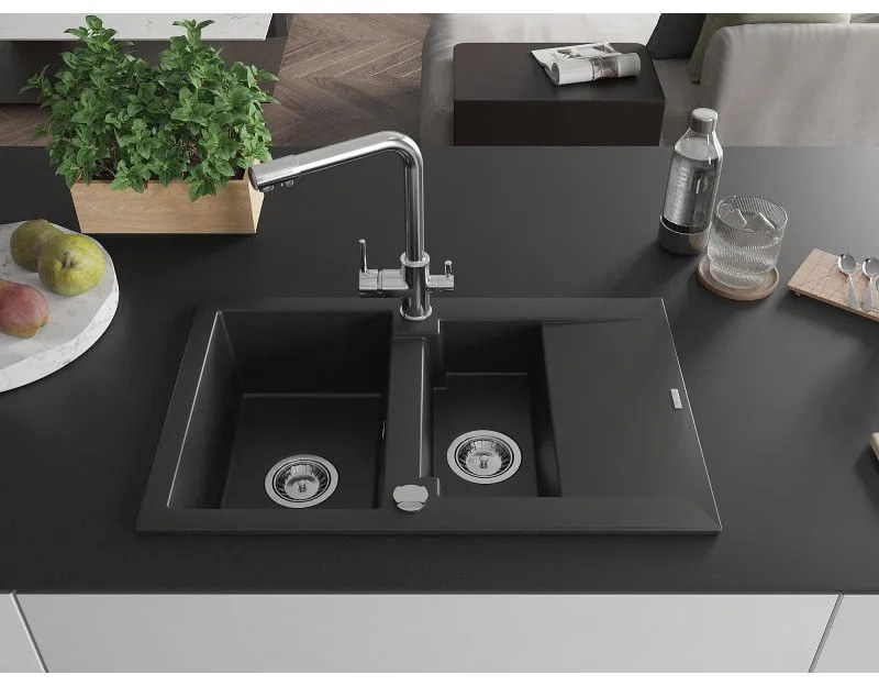 Mexen Gaspar, granitový drez 737x475x177 mm, 1,5-komorový, chrómová batéria Duero, čierna, 6507-77-671600-00
