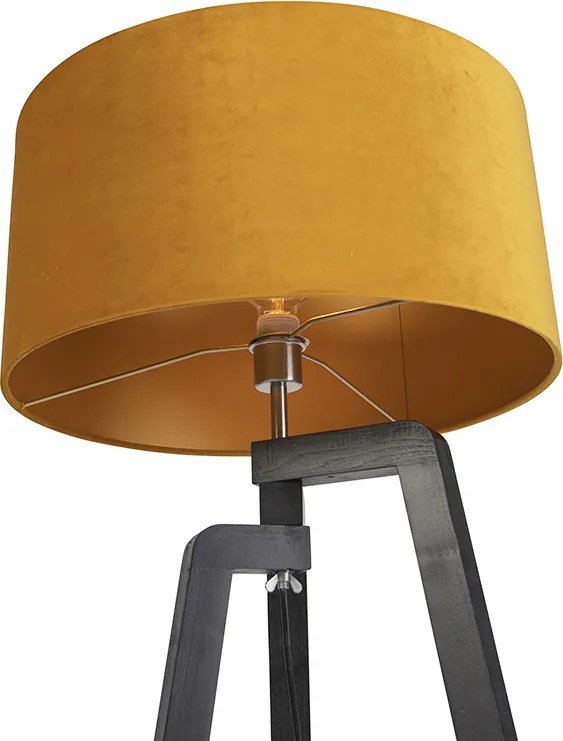 Stojaca lampa trojnožka čierna so žltým tienidlom a zlatom 50 cm - Puros