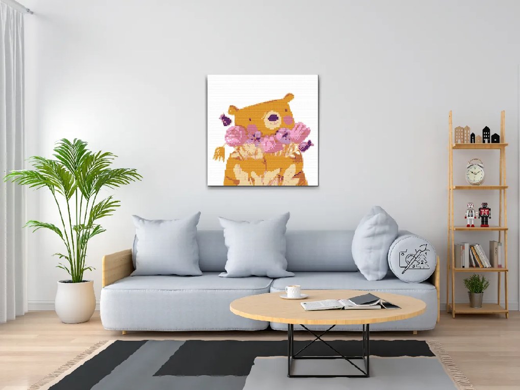 Gario Diamantové maľovanie Medvedík s kyticou Rozmery: 50 x 50 cm, Rámovanie: Iba zrolované plátno, Diamanty: Okrúhle