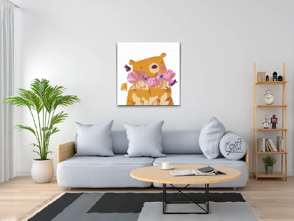 Gario Diamantové maľovanie Medvedík s kyticou Rozmery: 50 x 50 cm, Rámovanie: Iba zrolované plátno, Diamanty: Štvorcové