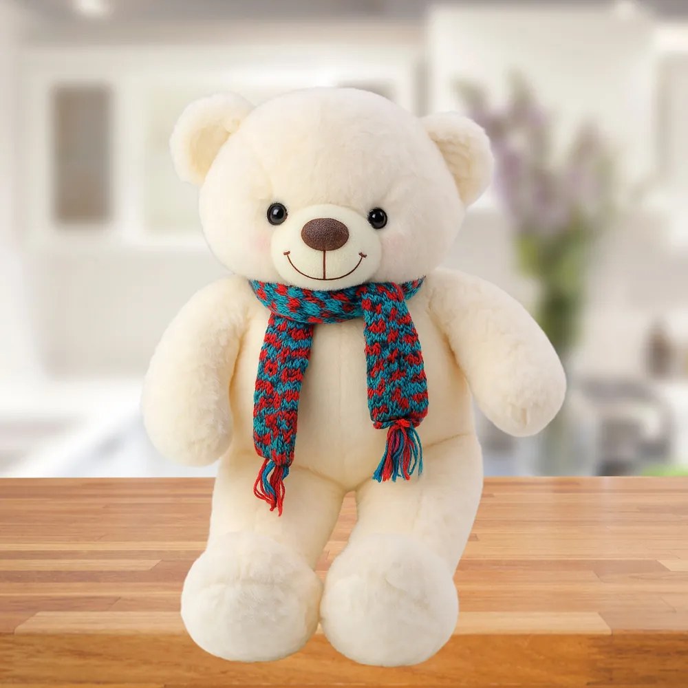 LEAN Toys Plyšový medvedík s farebným vlneným šálom biely 55 cm