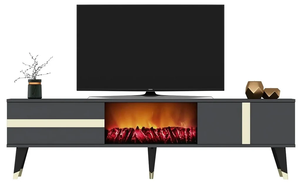 TV stolík/skrinka s krbom Vekika 3 (antracit + zlatá) . Vlastná spoľahlivá doprava až k Vám domov. 1095527