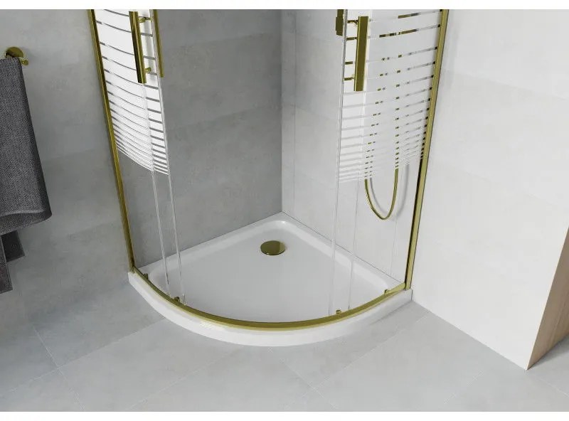Mexen Rio, štvrťkruhový sprchovací kút s posuvnými dverami 80(dvere) x 80(dvere) x 190 cm, 6mm číre sklo s pásikmi, zlatý profil + biela sprchová vanička SLIM, 863-080-080-50-20-4110G
