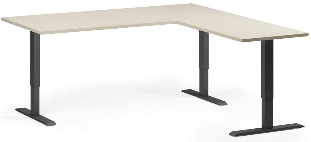 Výškovo nastaviteľný stôl, 180x180 cm, 3 motory, L/P, čierna podnož, breza