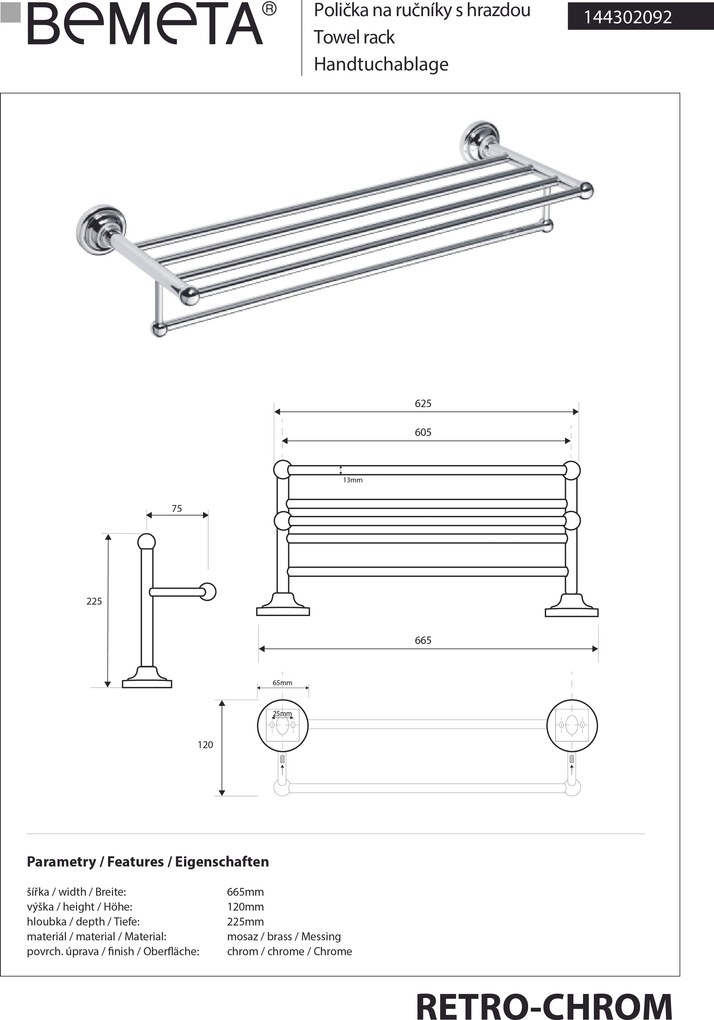 Bemeta Design RETRO chróm: Držiak uterákov, 605 mm, s hrazdou - 144302092