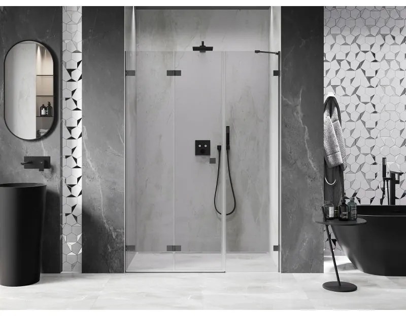 Mexen Lunar-F, ľavé sklápacie sprchové dvere 145 cm, 8mm číre sklo, grafitový profil, 836S-145-050-95-00-L