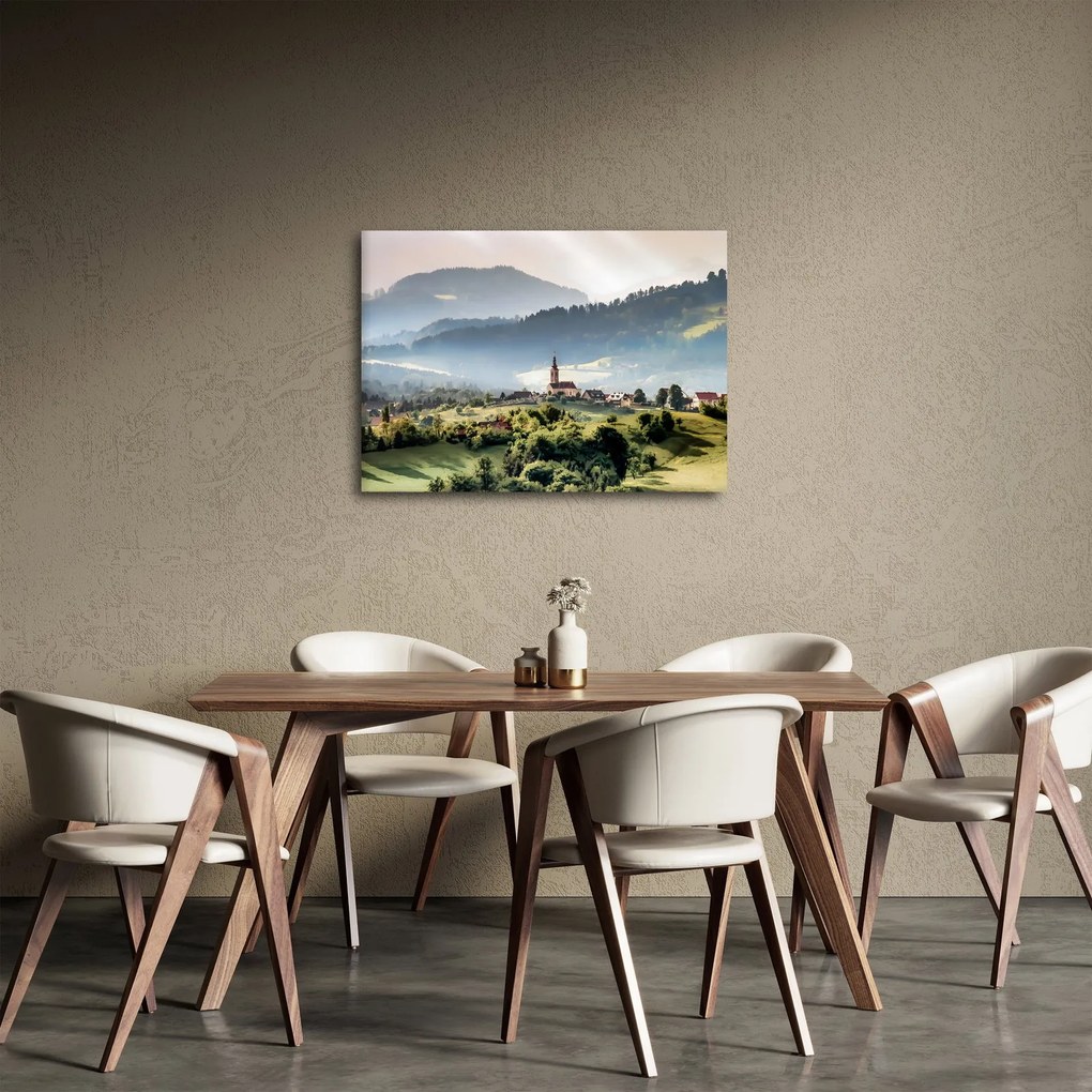 Obraz - dedinka v hmle (70x50 cm)