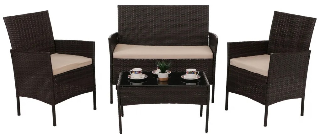 Záhradná súprava 2 kresiel, pohovky a stolíka HWC-N98 - hnedá, vankúš krémová