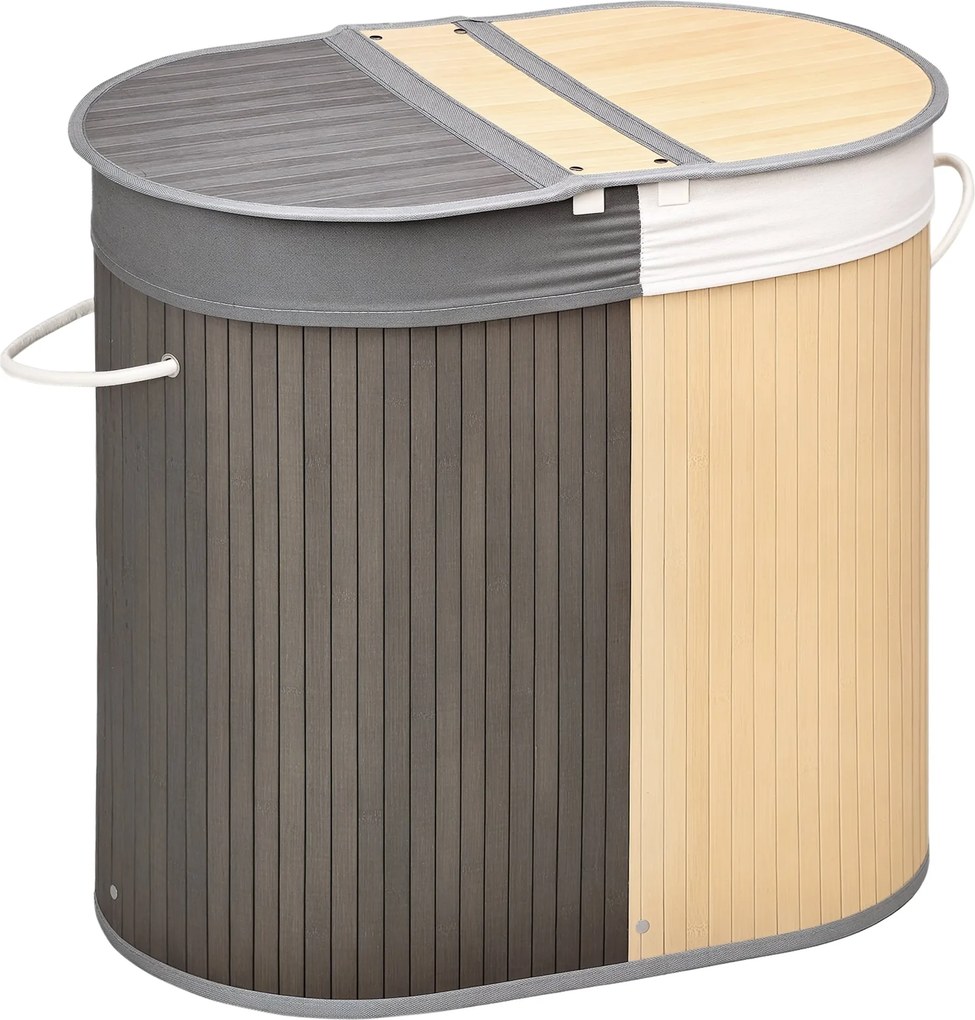 HOMCOM Bambusový košík na prádlo s kapacitou 100L, košík na prádlo s vekom a odnímateľnou taškou so 2 priečinkami 62,5x37x60,5 cm Sivá a prírodná | Ao