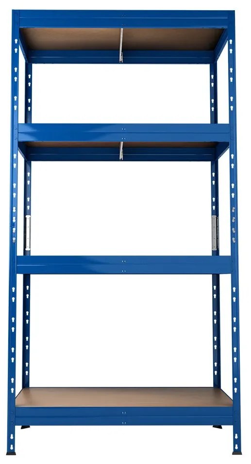 Majster Regál RIVET bezskrutkový kovový regál s HDF policou, 180x90x45 cm, 4 police, 250kg na policu, modrá farba, Modrá