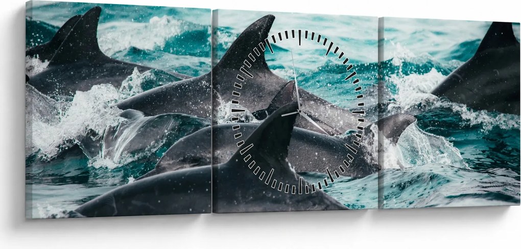 Obraz - Delfíny v oceáne (s hodinami) (90x30 cm)