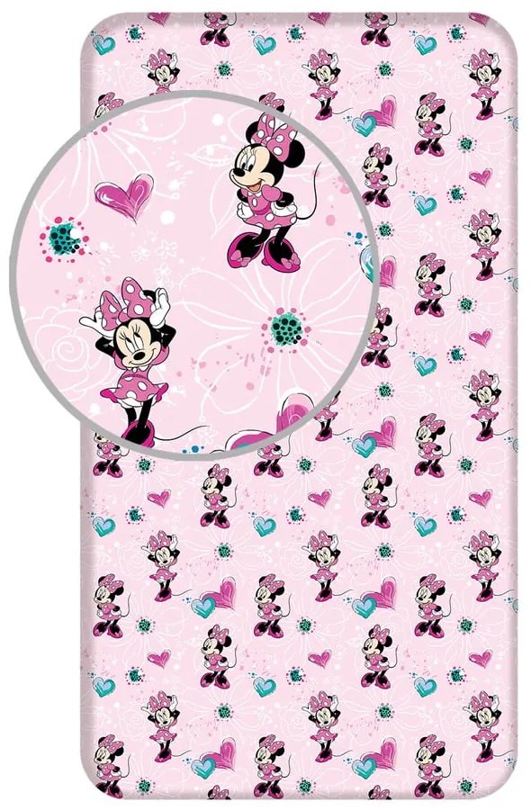 Ružová napínacia bavlnená detská plachta 90x200 cm Minnie "Flowers" – Jerry Fabrics