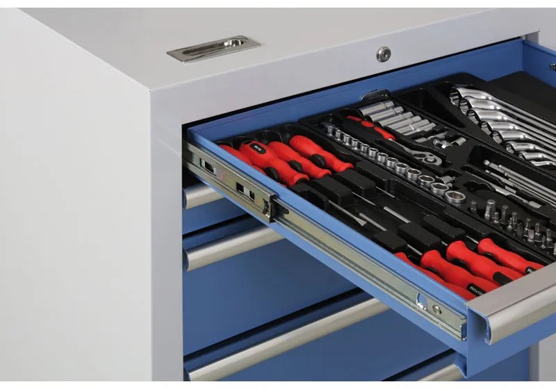 Pojazdný dielenský box na náradie EXPERT, 5 zásuviek, 645 x 460 x 860 mm, modrá