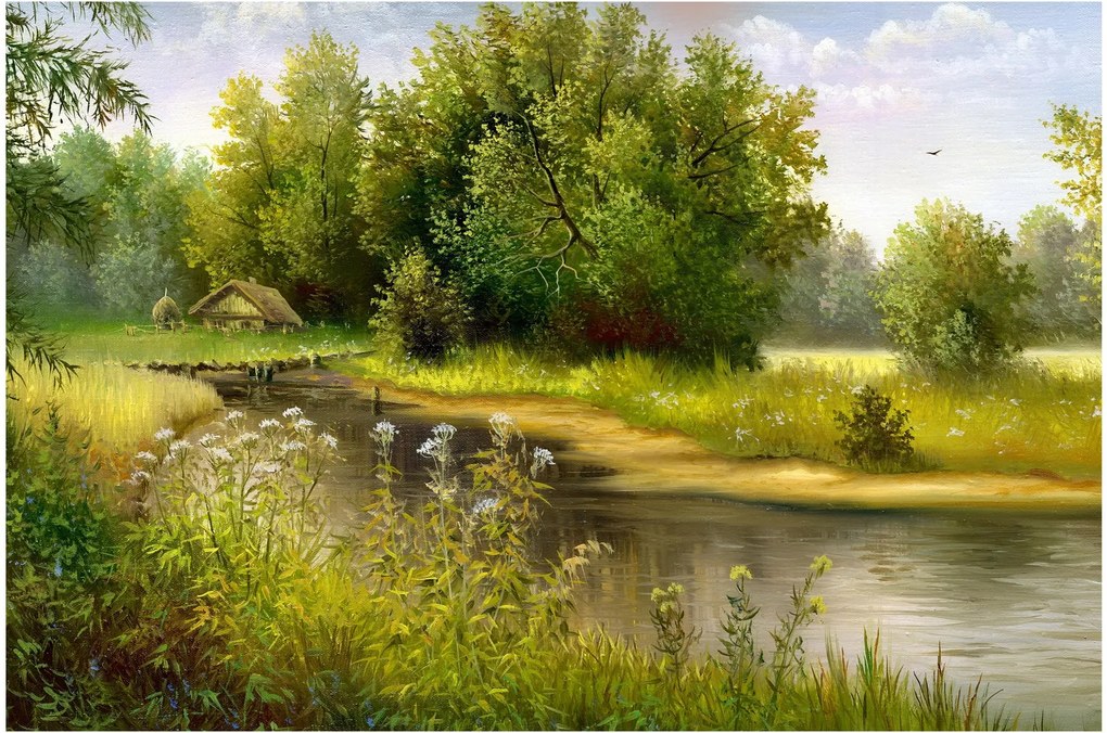 Obraz - Rieka pri lese, olejomaľba (90x60 cm)