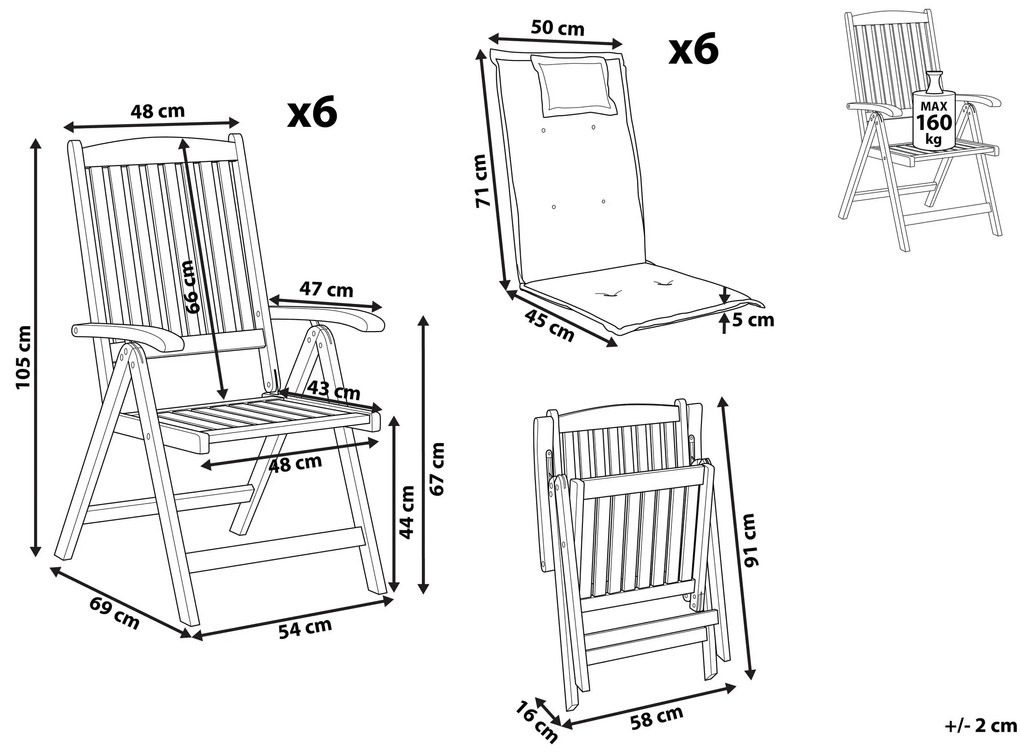 Sada 6 záhradných stoličiek z agátového dreva s vankúšikmi biela JAVA Beliani